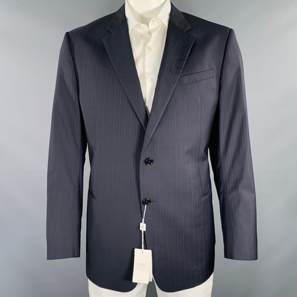ARMANI COLLEZIONI Size 46 Navy Blue Stripe Wool Sport Coat